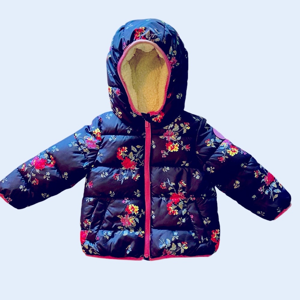 GAP Toddler Navy Floral ColdControl Max Puffer Jacket Hooded 3T